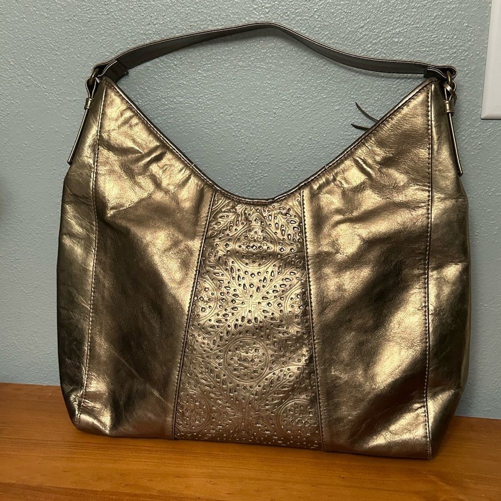 Rolfs shiny gold laser cut genuine leather shoulder bag purse